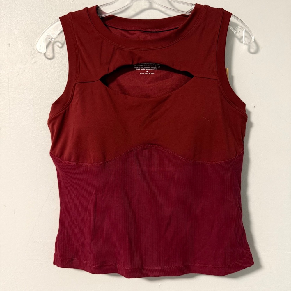 POPFLEX Peekaboo Crew Tank Top XL Burgundy Keyhole Cutout Ribbed Activewear New